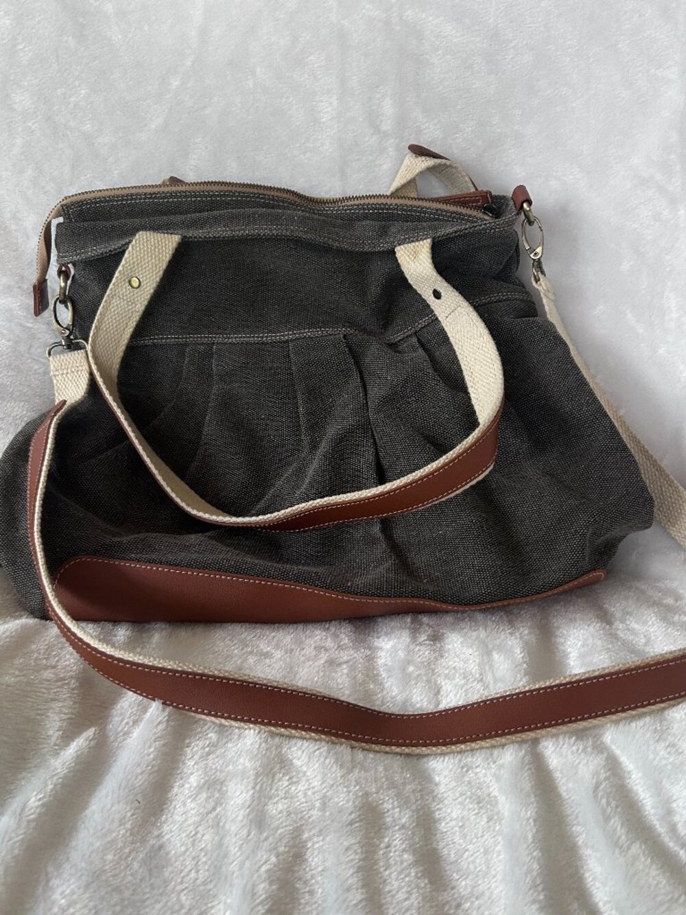 Gray‎ Canvas Boho Bag Crossbody Handbag Zip Closure Gray Beige